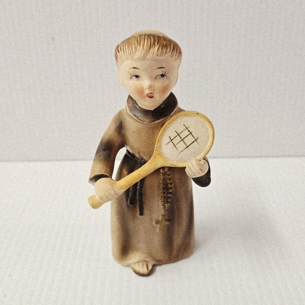 Vintage Signed Charming Brown Monk Figurine with Tennis Racket